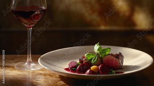 Fine dining experience with red wine and gourmet dish at an elegant restauran...