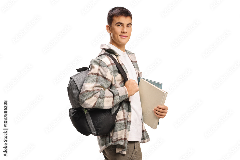 Male student with backpack and books standing and smiling at camera Male student with backpack and books standing and smiling at camera