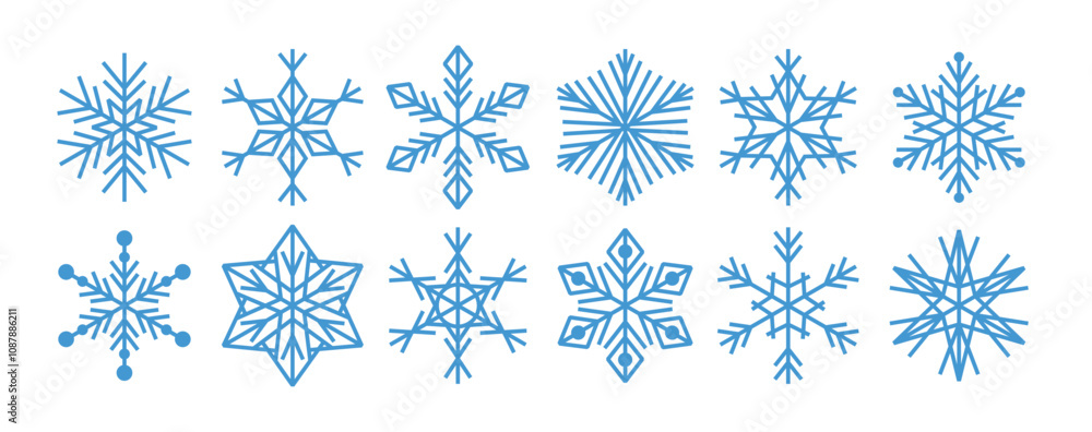 Snowflakes set. Various snowflakes shapes collection. Flat vector illustrations isolated on white background Snowflakes set. Various snowflakes shapes collection. Flat vector illustrations isolated on white background