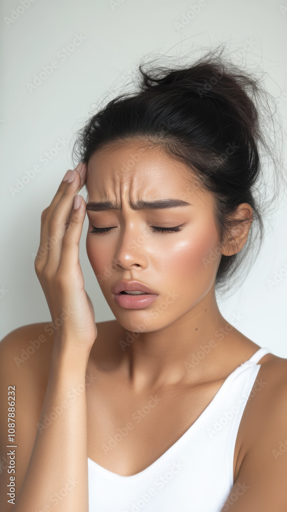 Woman experiencing severe headache in a vertical portrait Woman experiencing severe headache in a vertical portrait