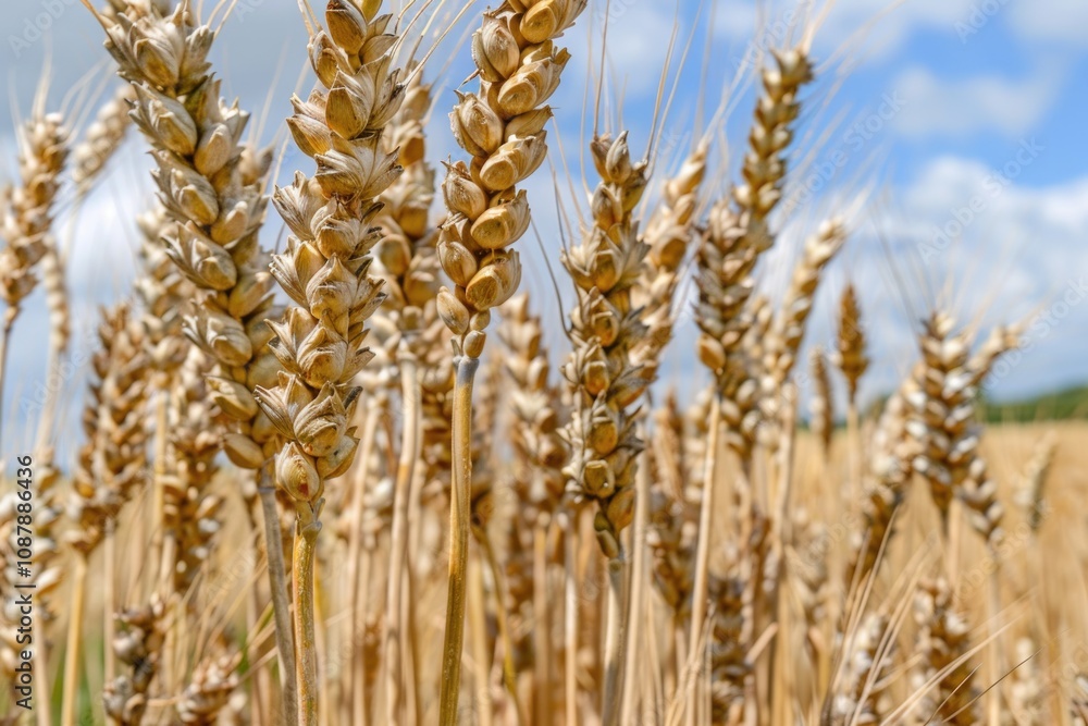 A picturesque scene of a field of wheat under a clear blue sky, ideal for use in agricultural, environmental or rustic-themed contexts A picturesque scene of a field of wheat under a clear blue sky, ideal for use in agricultural, environmental or rustic-themed contexts