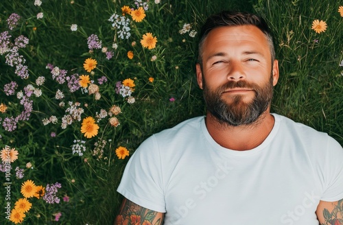 Man relaxing in flower field with a beard, tattoos, and a peaceful expression...