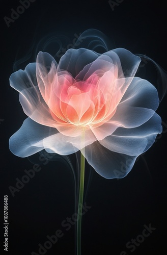 Softly glowing pink lotus flower with ethereal wisps of light on a dark backg...