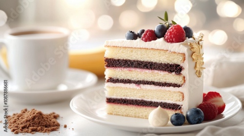 Deliciously layered chocolate cake with berries on a white plate in a bright ...