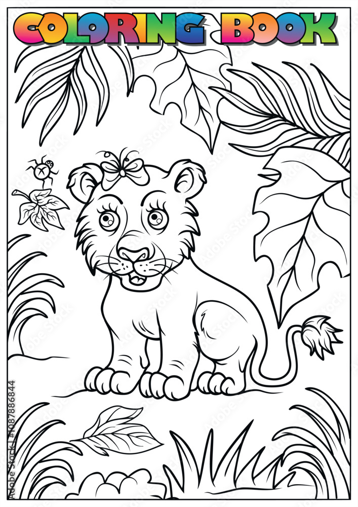 Obraz premium Adorable lion cub in jungle setting, a fun coloring activity for children with nature theme
