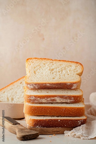 Freshly sliced white bread stacked on a countertop, ready for tasty sandwiche...