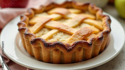 Delicious apple pie mini or individual cake on a white dish. Closeup shot featuring a crossed pattern cover, on a table with selective focus