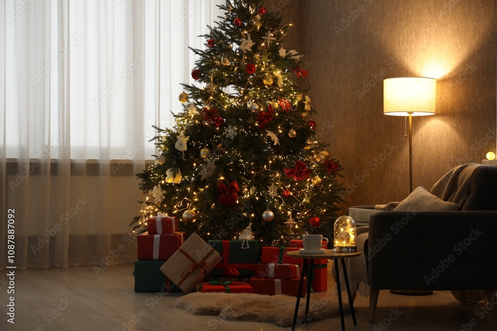 Christmas tree with festive decor, presents, coffee table and armchair in cozy room Christmas tree with festive decor, presents, coffee table and armchair in cozy room