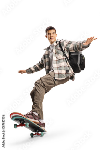 Male student riding a skateboard