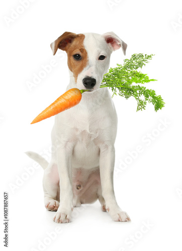 Cute Jack Russell terrier with fresh carrot on white background