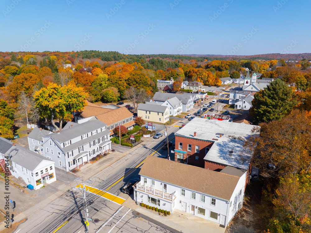 East Douglas historic village center aerial view on Main Street in fall with fall foliage in town of Douglas, Massachusetts MA, USA. East Douglas historic village center aerial view on Main Street in fall with fall foliage in town of Douglas, Massachusetts MA, USA.