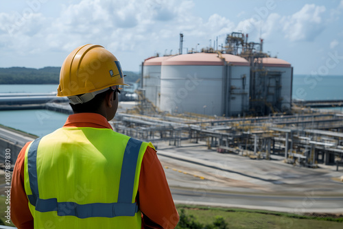 Safety Inspector with Helmet Reviewing LNG Facility