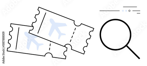 Two airline tickets with airplane icons beside a magnifying glass symbolizing online search and booking. Ideal for travel, tourism, airline services, vacation planning, ticketing, online booking