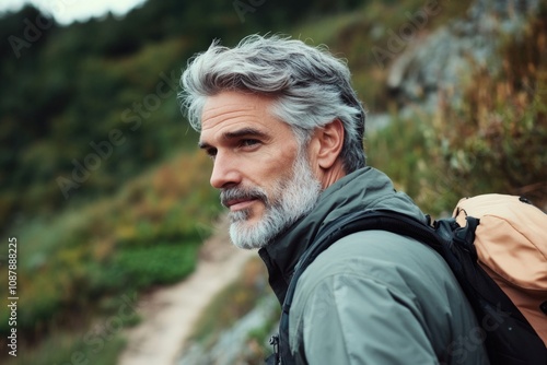 A person hiking on a mountain trail carrying a backpack
