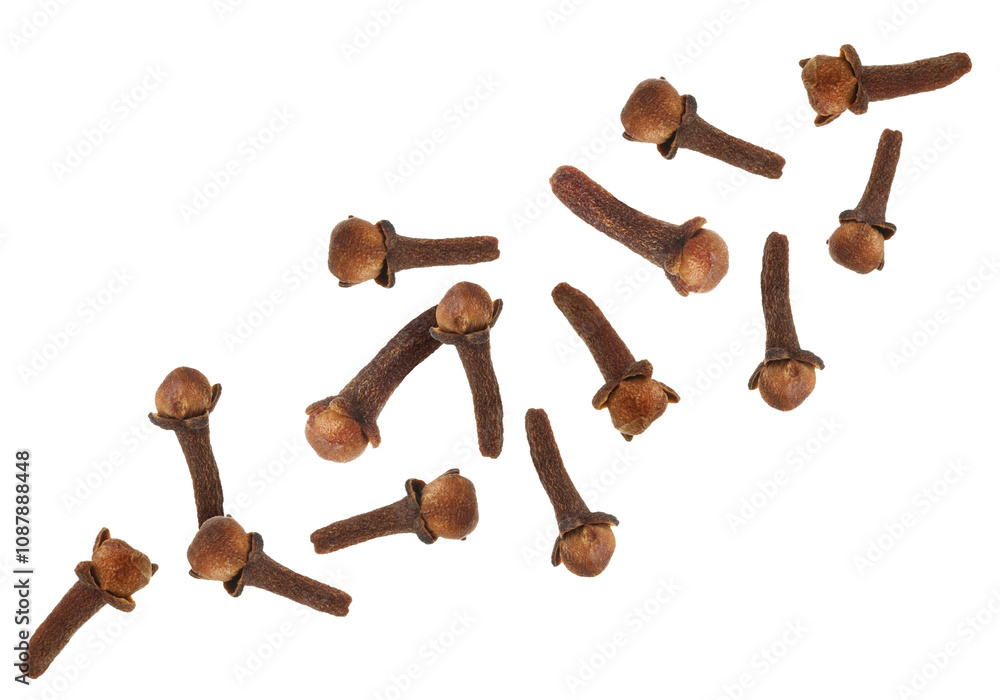 Clove buds in air on white background. Aromatic spice