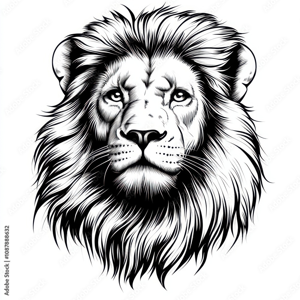 Obraz premium Detailed black and white illustration of a lion's face, showcasing fierce eyes and a majestic mane.