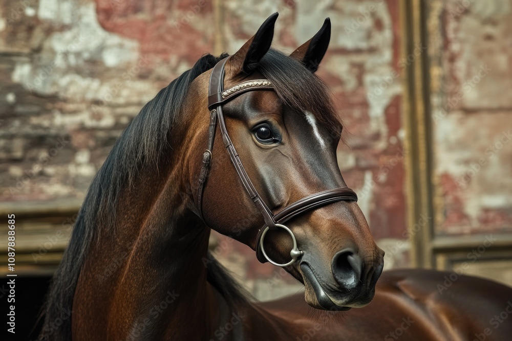 Obraz premium Close-up shot of a horse wearing a bridle, suitable for equestrian-themed designs or horse-related articles