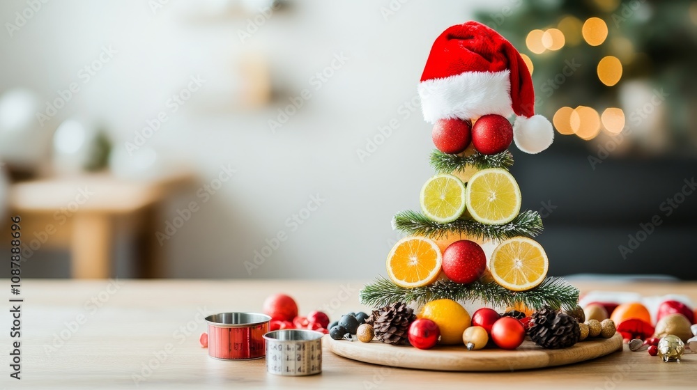 Food pyramid chart and measuring cups with Santa hat symbolizing a nutritionist holiday advice Food pyramid chart and measuring cups with Santa hat symbolizing a nutritionist holiday advice