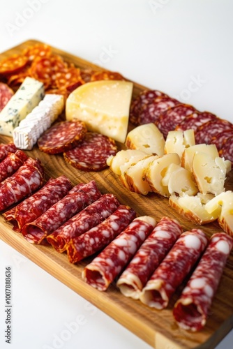 A wooden cutting board topped with sliced meat and cheese, great for serving appetizers or snacks