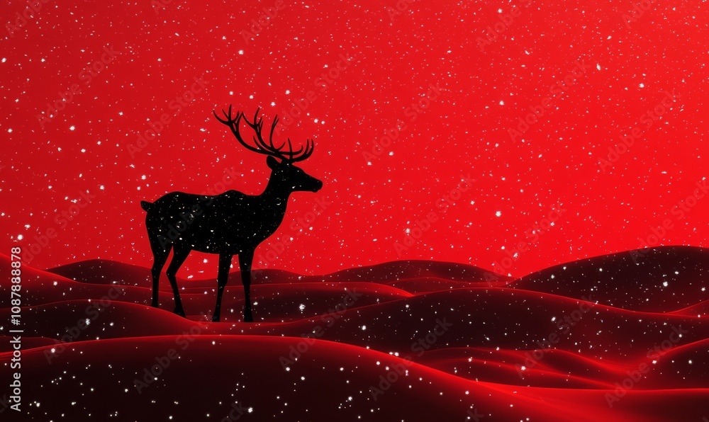 Black reindeer silhouette against a red snowy landscape Black reindeer silhouette against a red snowy landscape