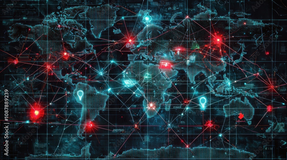 Obraz premium Abstract Digital World Map with Network Connections, Data Points, and Geospatial Technologies Representing Global Connectivity and Information Flow
