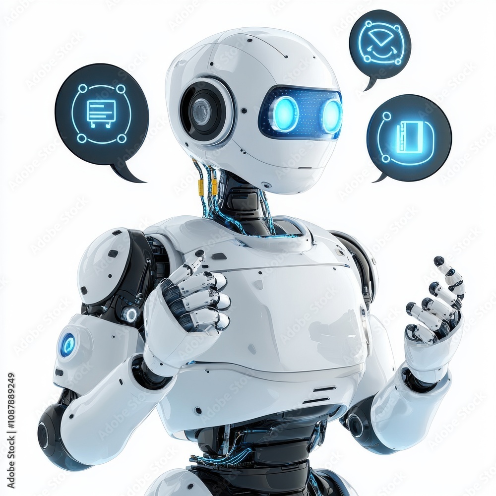 A futuristic humanoid robot with LED eyes, showcasing advanced technology and communication capabilities. A futuristic humanoid robot with LED eyes, showcasing advanced technology and communication capabilities.