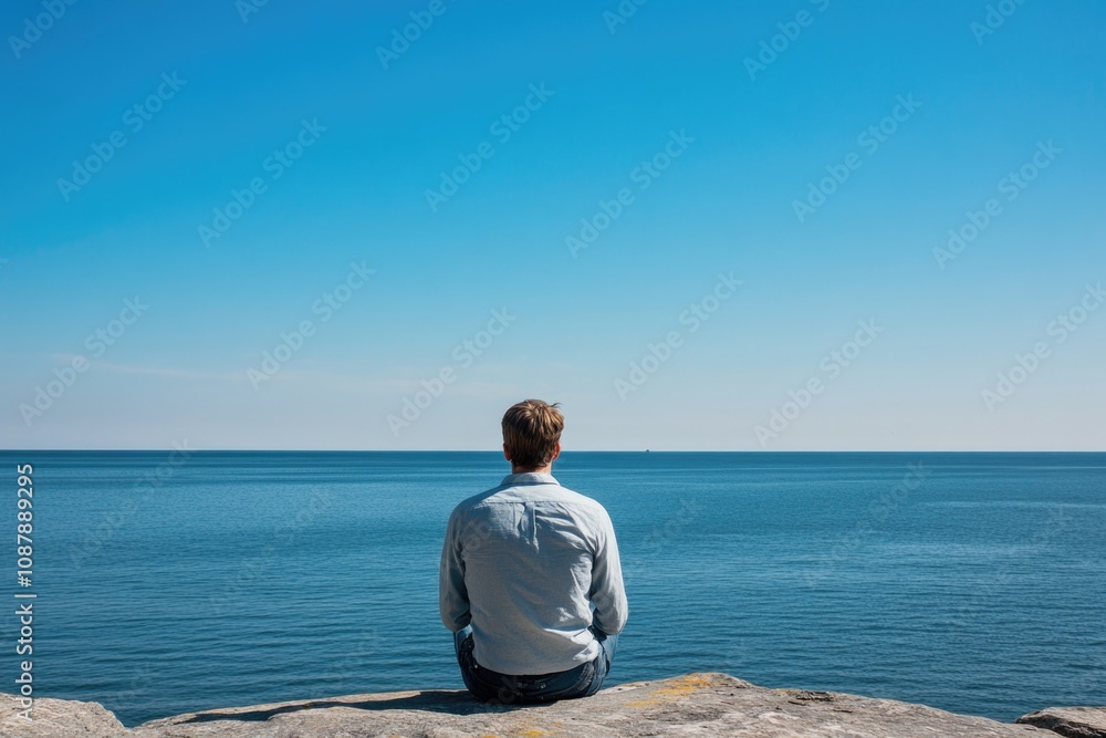 A person sitting on a rocky outcropping, gazing out at the vast ocean A person sitting on a rocky outcropping, gazing out at the vast ocean