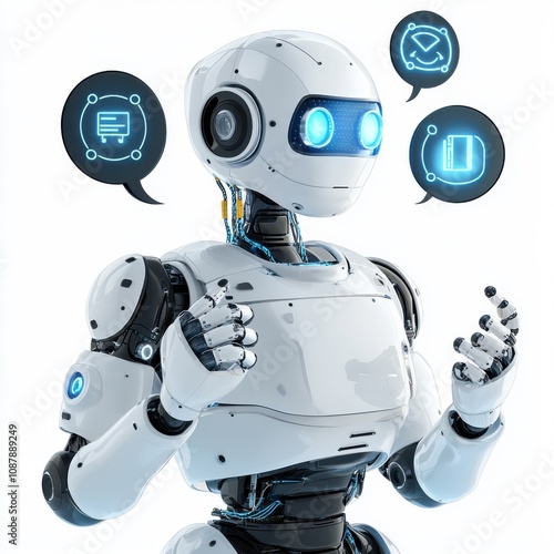 A futuristic humanoid robot with LED eyes, showcasing advanced technology and communication capabilities.