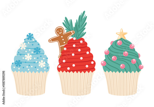 Cupcakes set decorated for Christmas. Sweet holiday decorated creamy desserts. Food flat vector illustrations collection isolated on white background