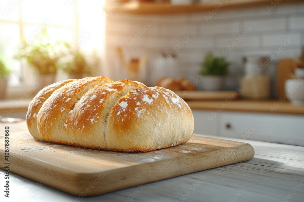 food photography, freshly baked homemade bread on a wooden board, against a cozy kitchen backdrop, leaving room for text food photography, freshly baked homemade bread on a wooden board, against a cozy kitchen backdrop, leaving room for text