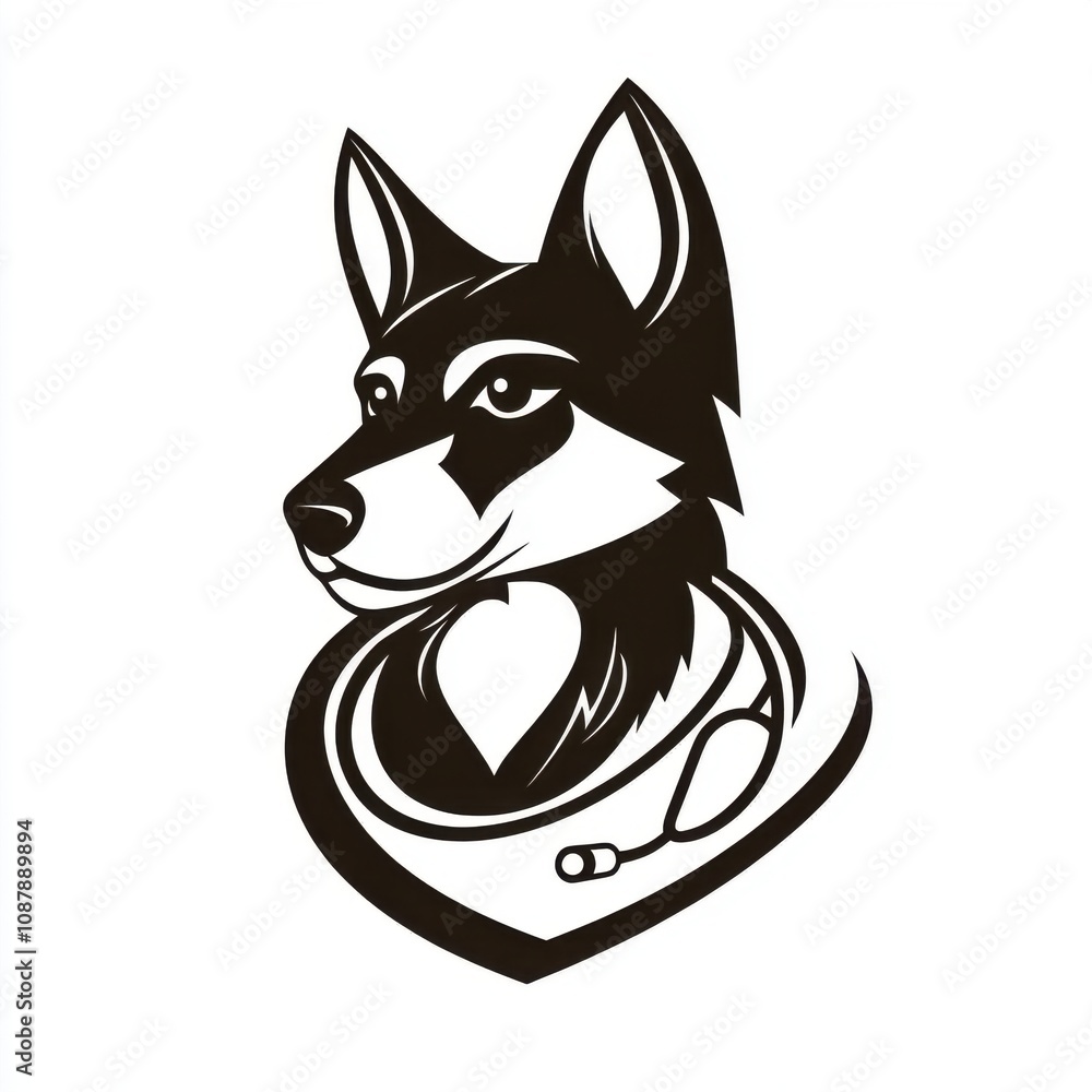 Stylized black and white illustration of a wolf with a stethoscope, symbolizing veterinary care. Stylized black and white illustration of a wolf with a stethoscope, symbolizing veterinary care.