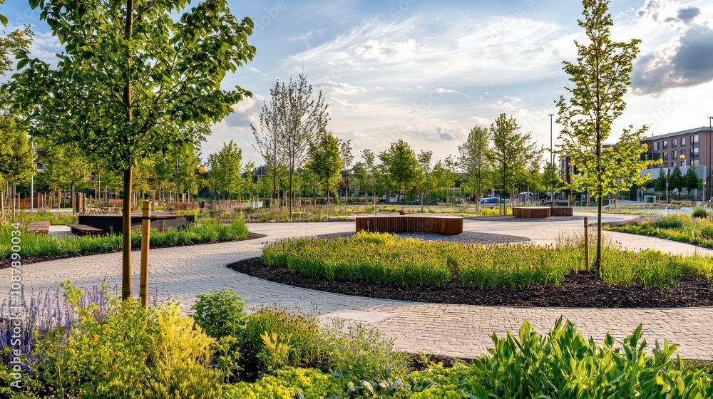 Serene Urban Park Landscape with Curved Pathways and Lush Greenery under a Bright Sky, Ideal for Outdoor Relaxation and Recreation Serene Urban Park Landscape with Curved Pathways and Lush Greenery under a Bright Sky, Ideal for Outdoor Relaxation and Recreation