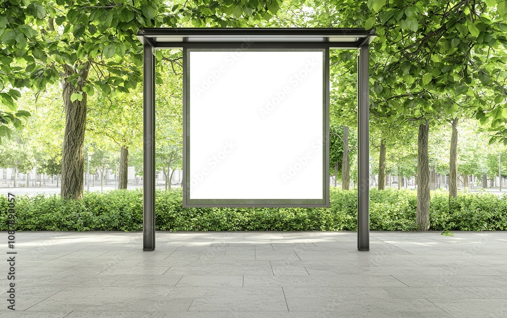 Blank advertisement board surrounded by lush greenery in a city park during daytime Blank advertisement board surrounded by lush greenery in a city park during daytime