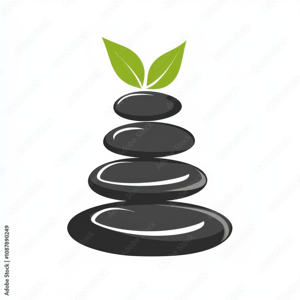 A serene stack of smooth black stones topped with two green leaves, symbolizing balance and nature. A serene stack of smooth black stones topped with two green leaves, symbolizing balance and nature.