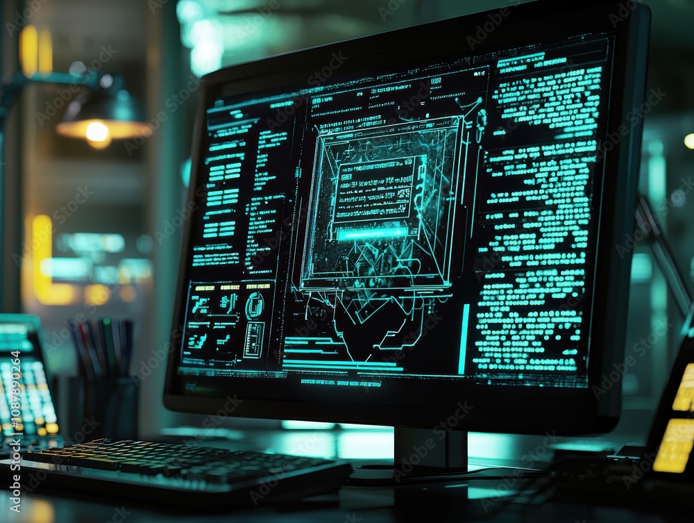 Futuristic Computer Screen Displaying Complex Programming Code and Data Analysis in a Dimly Lit Tech Space with Neon Highlights Futuristic Computer Screen Displaying Complex Programming Code and Data Analysis in a Dimly Lit Tech Space with Neon Highlights