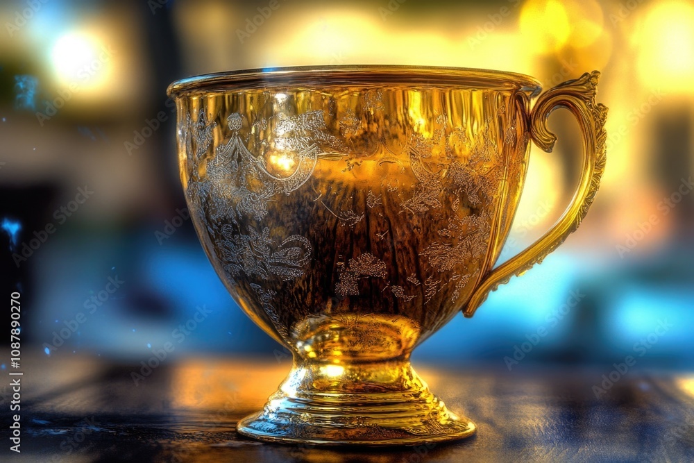 A golden cup sits atop a wooden table with a rustic feel A golden cup sits atop a wooden table with a rustic feel