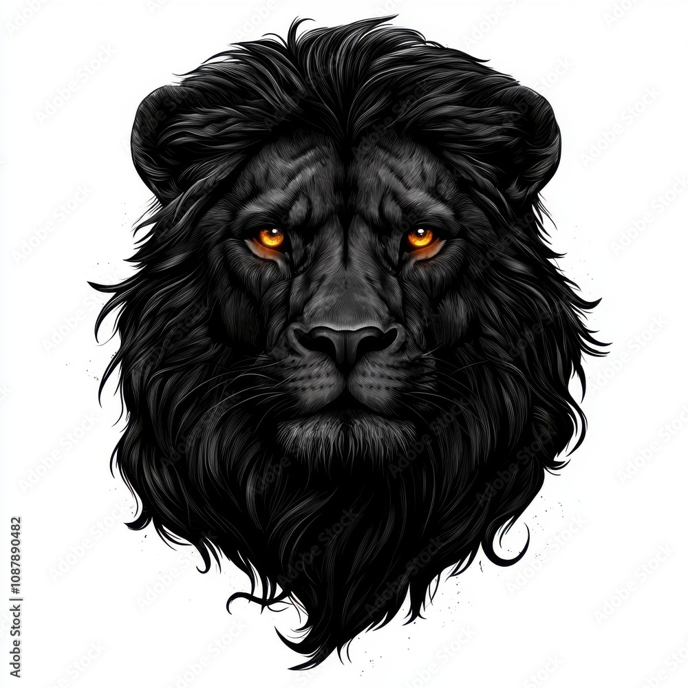 Majestic black lion with piercing orange eyes, showcasing its powerful and fierce demeanor against a white background. Majestic black lion with piercing orange eyes, showcasing its powerful and fierce demeanor against a white background.