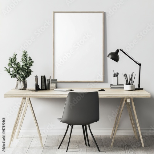 Minimalist workspace with a green plant and a stylish lamp, featuring a clean desk and empty frame on the wall.