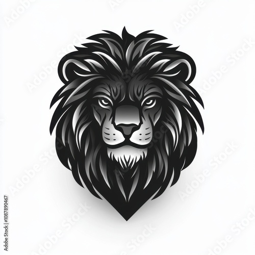 Stylized black and gray lion head illustration with intricate detailing and fierce expression.