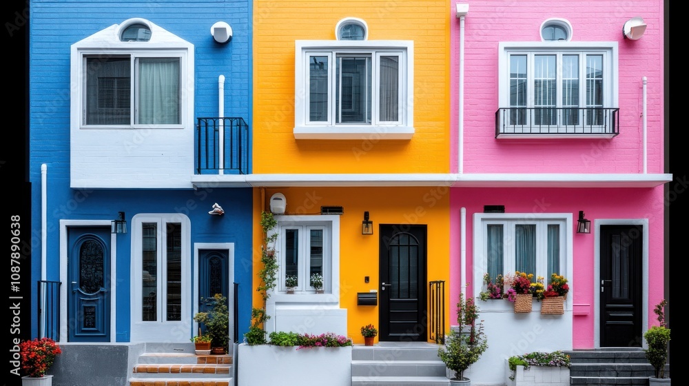 Fototapeta premium Colorful row of houses with vibrant facades.