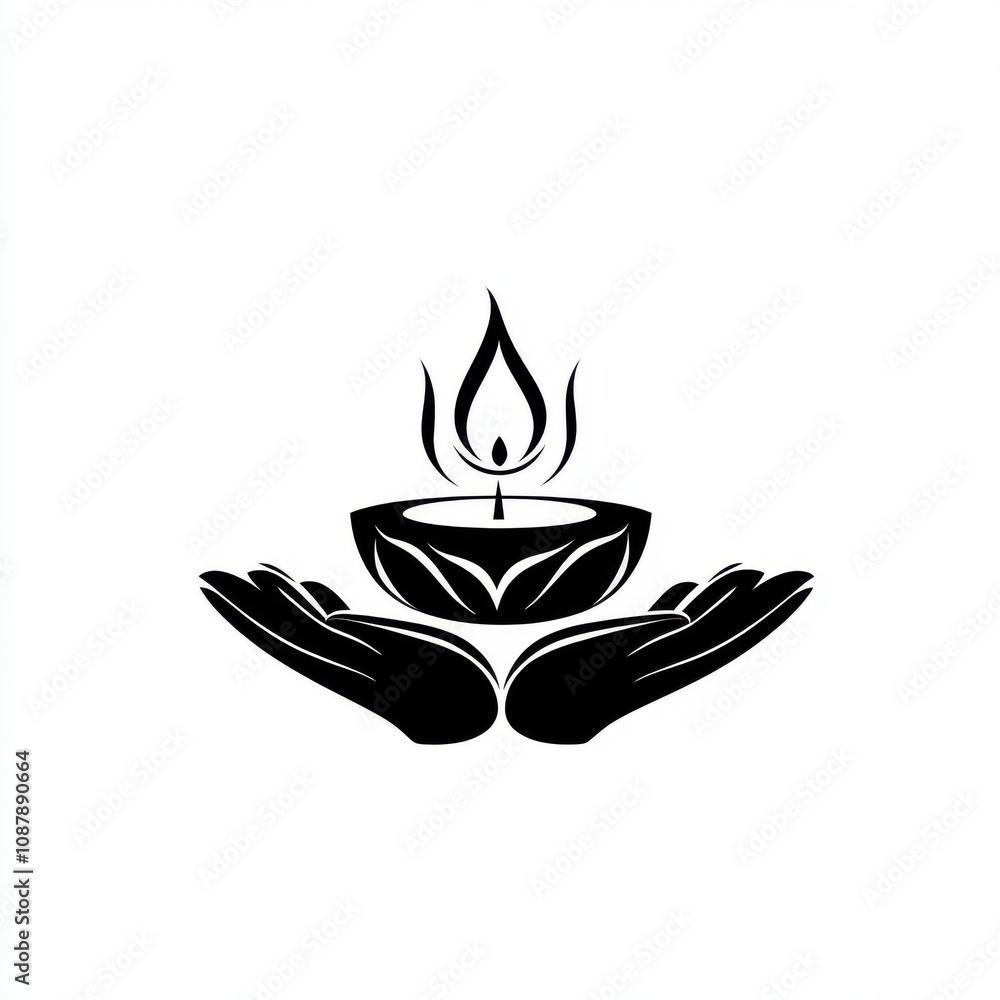 A serene black silhouette of hands cradling a lit oil lamp, symbolizing peace and spirituality. A serene black silhouette of hands cradling a lit oil lamp, symbolizing peace and spirituality.