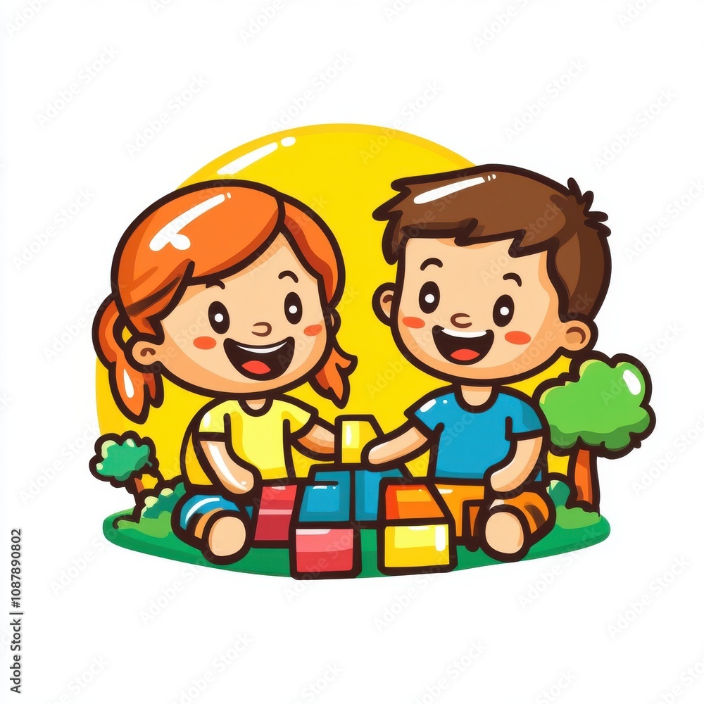 A cheerful Caucasian boy and girl playing together with colorful blocks in a sunny park. A cheerful Caucasian boy and girl playing together with colorful blocks in a sunny park.