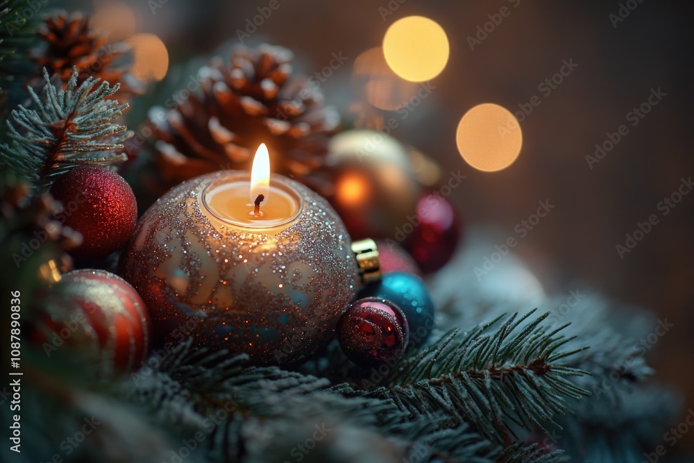 A lit candle surrounded by Christmas ornaments A lit candle surrounded by Christmas ornaments