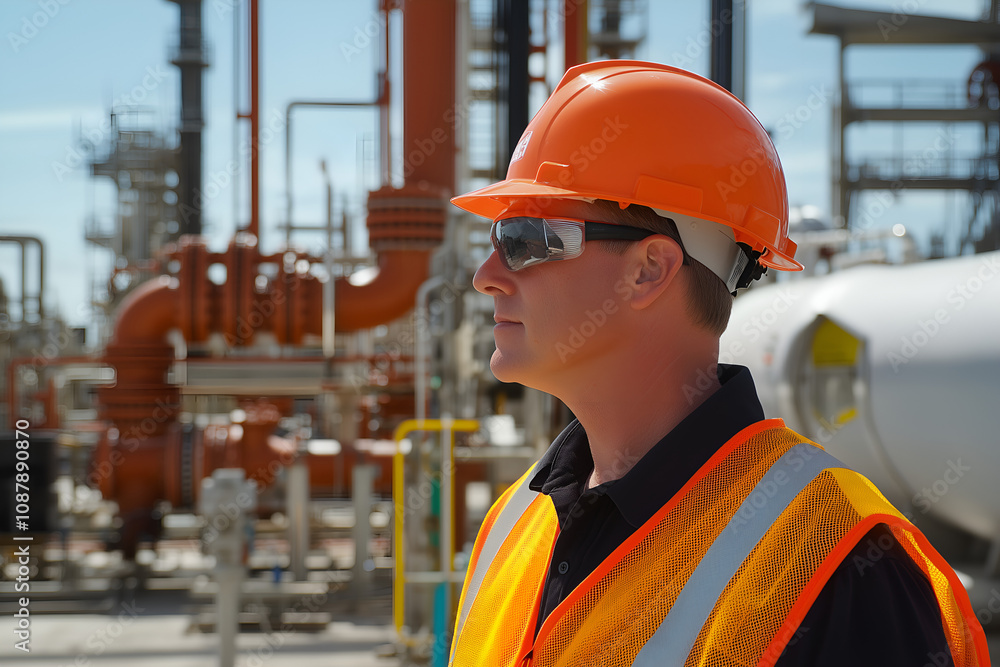Engineer Inspecting Pipes and Gas Storage Tanks in Industrial Facility Engineer Inspecting Pipes and Gas Storage Tanks in Industrial Facility
