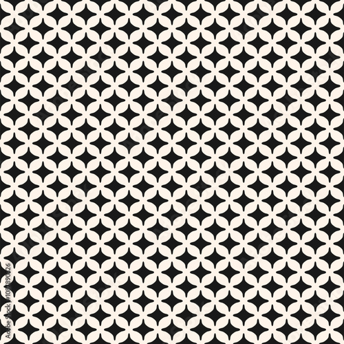 Simple black and white abstract seamless pattern. Vector geometric texture with repeated elements, small curved diamond shapes, grid. Elegant minimal background. Geo design for decor, textile, fabric