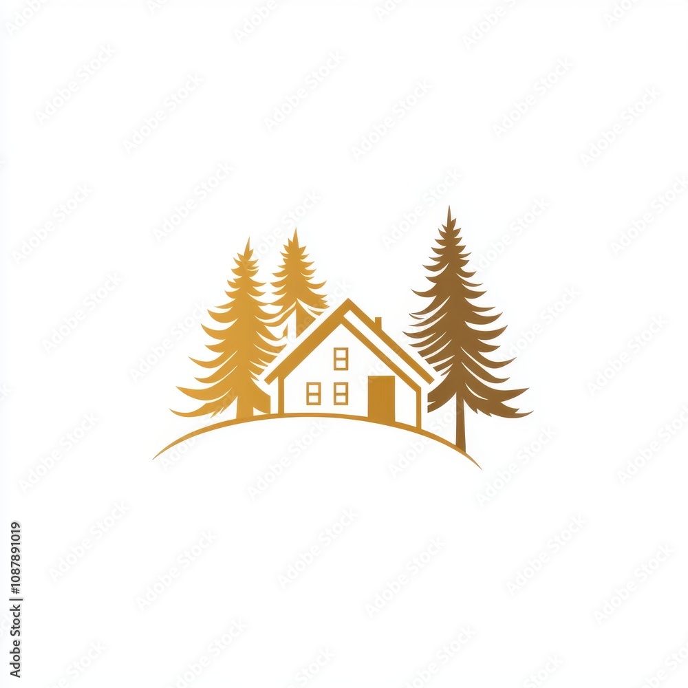 Obraz premium A warm-toned illustration of a cozy cabin surrounded by tall evergreen trees, evoking a peaceful, rustic atmosphere.