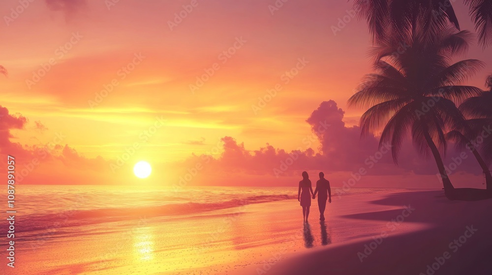 Sunset Romance: A Couple's Walk on a Tropical Beach Sunset Romance: A Couple's Walk on a Tropical Beach