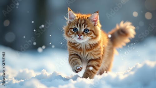 A playful kitten explores the snowy landscape under soft winter sunlight in a serene forest