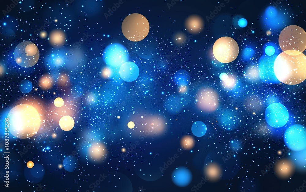 Vibrant blue and golden bokeh lights create a mystical atmosphere in a dark setting during evening hours Vibrant blue and golden bokeh lights create a mystical atmosphere in a dark setting during evening hours
