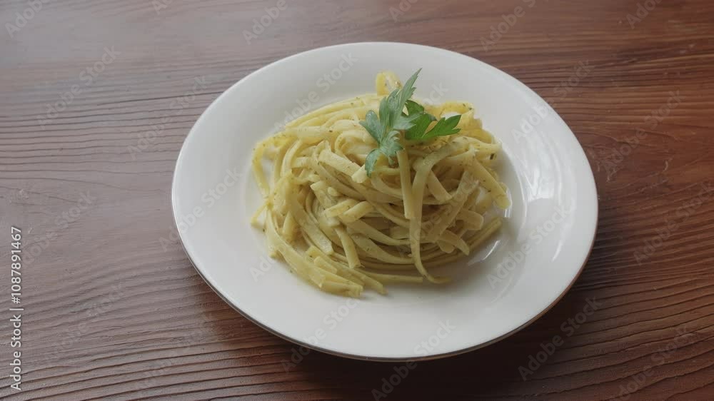 Close-up of linguini spaghetti pasta with pesto sauce on white plate with citrus fruits on the side Close-up of linguini spaghetti pasta with pesto sauce on white plate with citrus fruits on the side